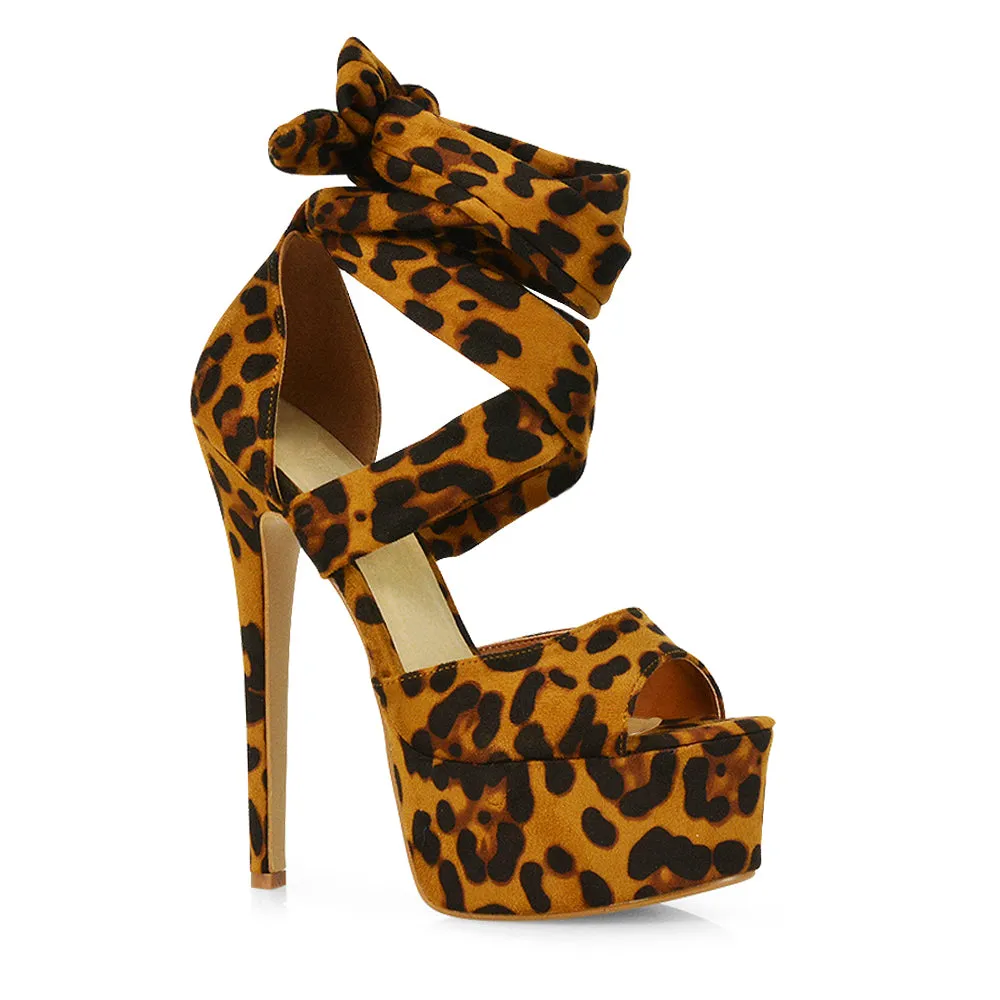 Oakley Platform Lace up Strappy Peep toe Stiletto High Heels in Leopard Faux Suede