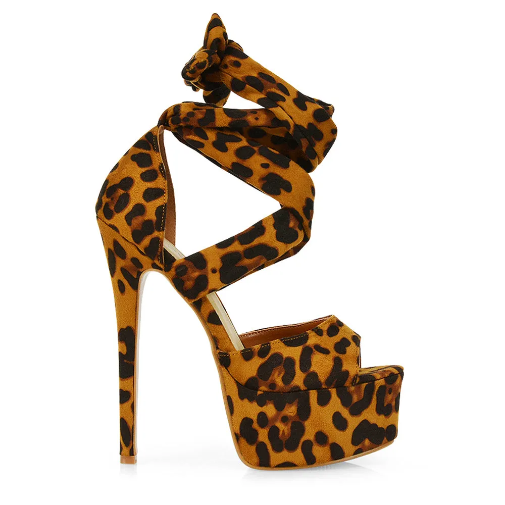 Oakley Platform Lace up Strappy Peep toe Stiletto High Heels in Leopard Faux Suede