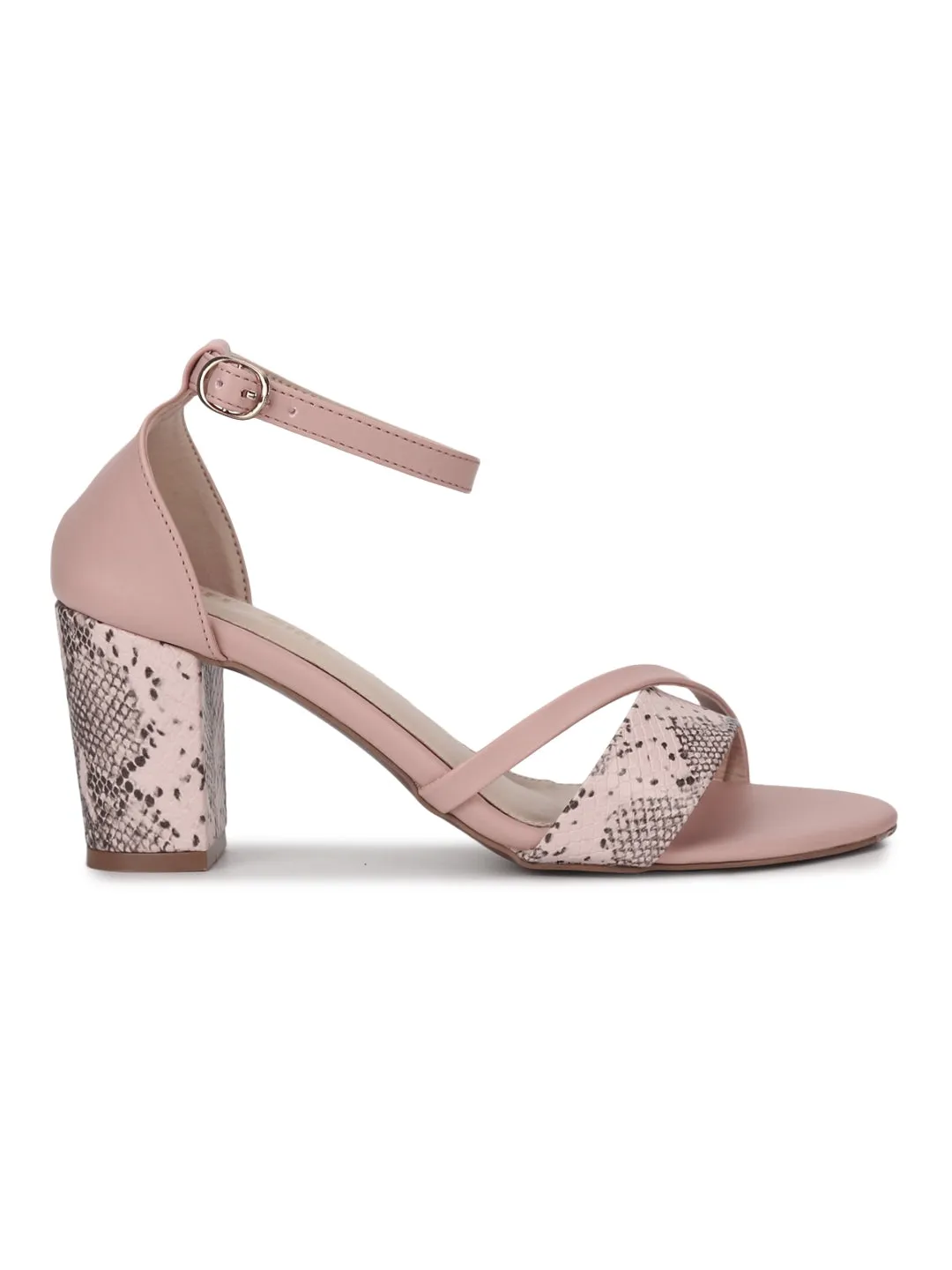 Pink PU Snake Pattern Block Heels