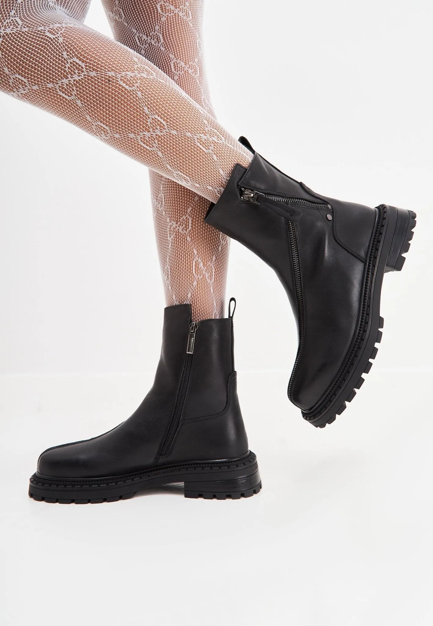 Platform Leather Ankle Boots - Black