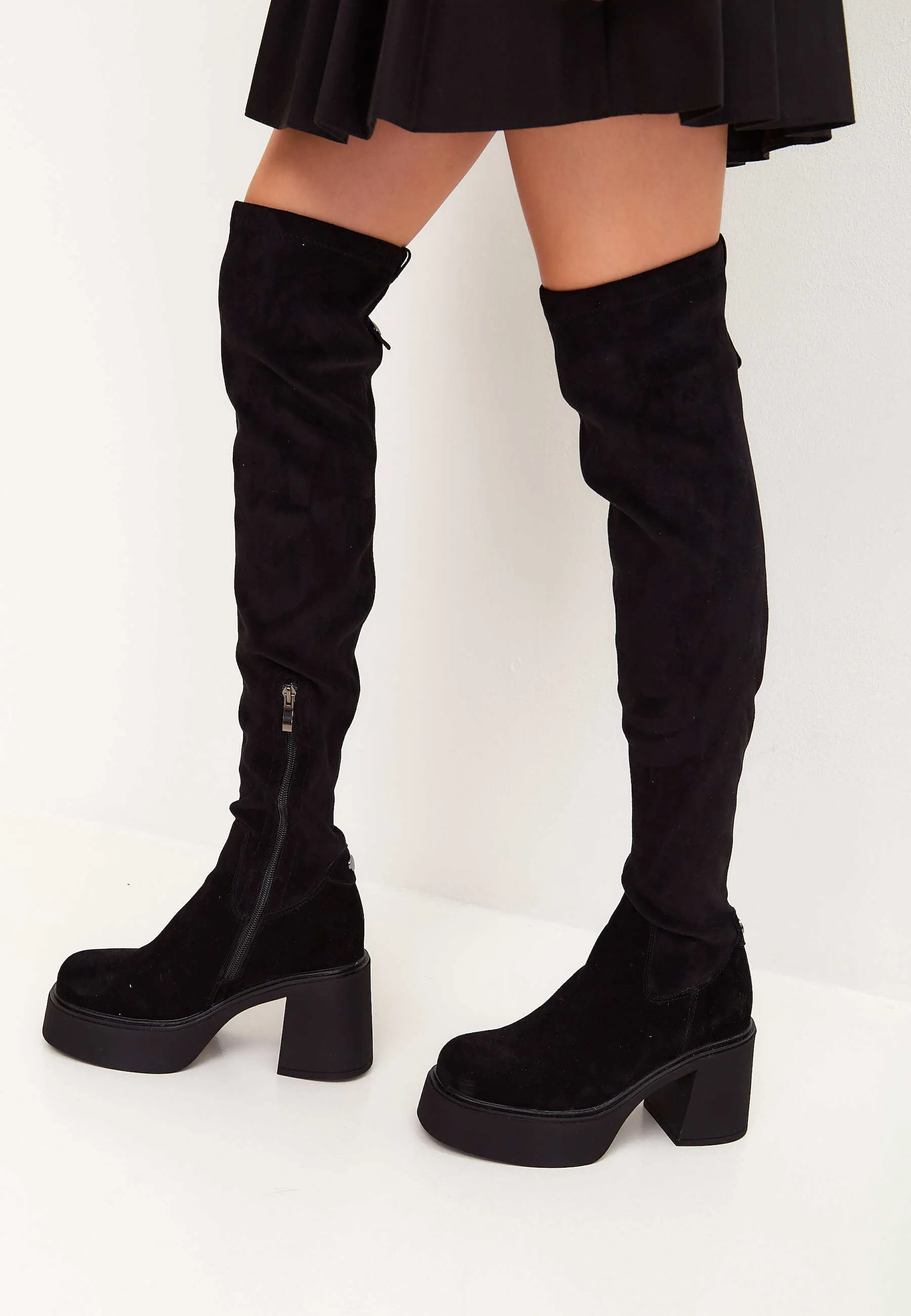 Platform Over-The-Knee Boots - Black Suede