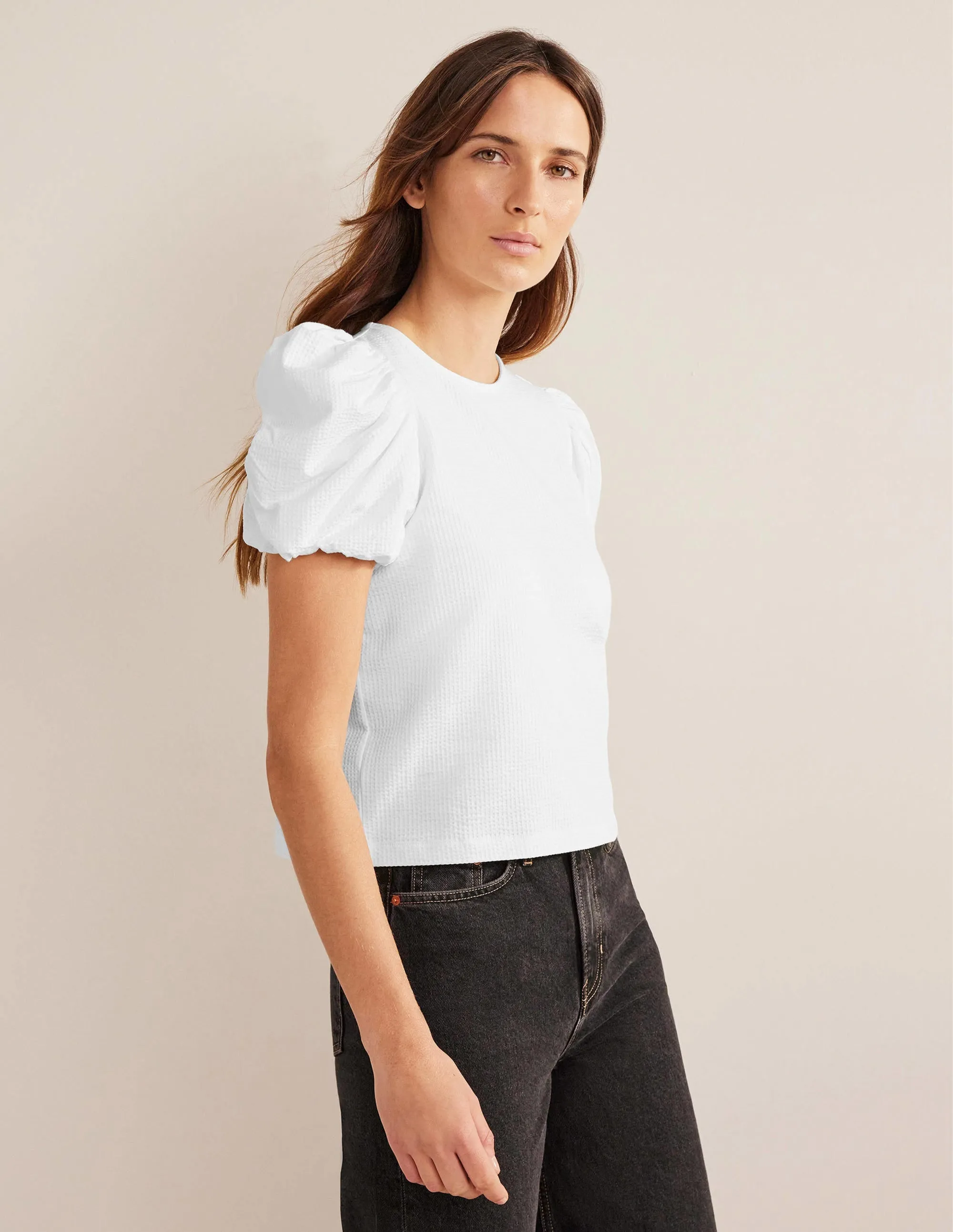 Puff Sleeve Jersey Top-White