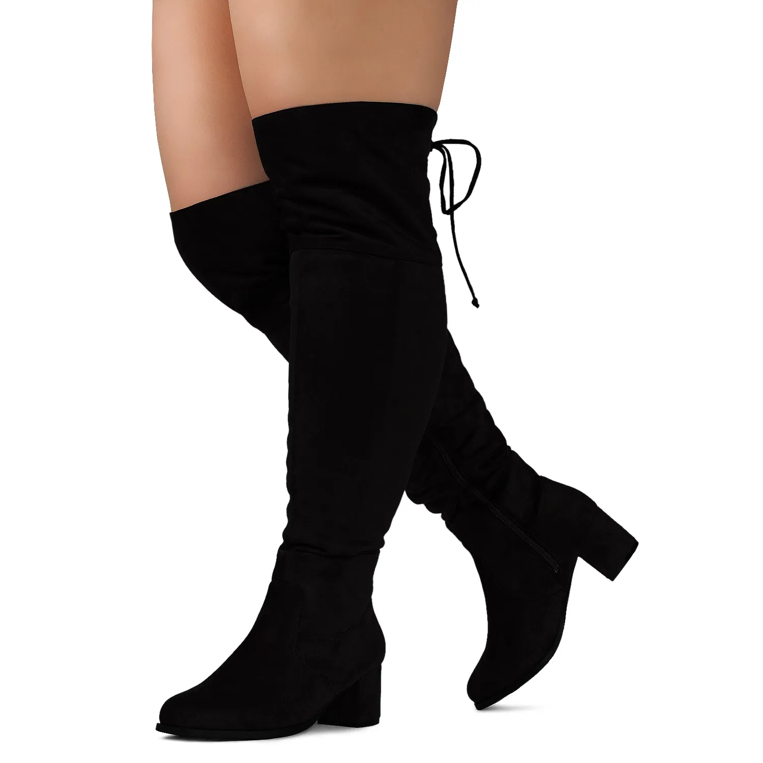 "Wide Calf & Wide Width" Chunky Heel Over The Knee Boots BLACK