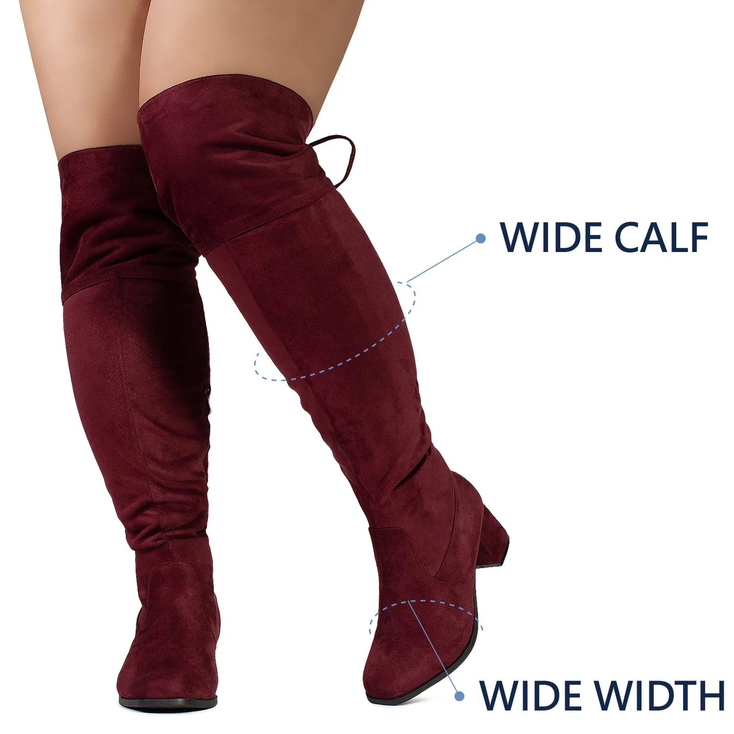 "Wide Calf & Wide Width" Chunky Heel Over The Knee Boots BURGUNDY