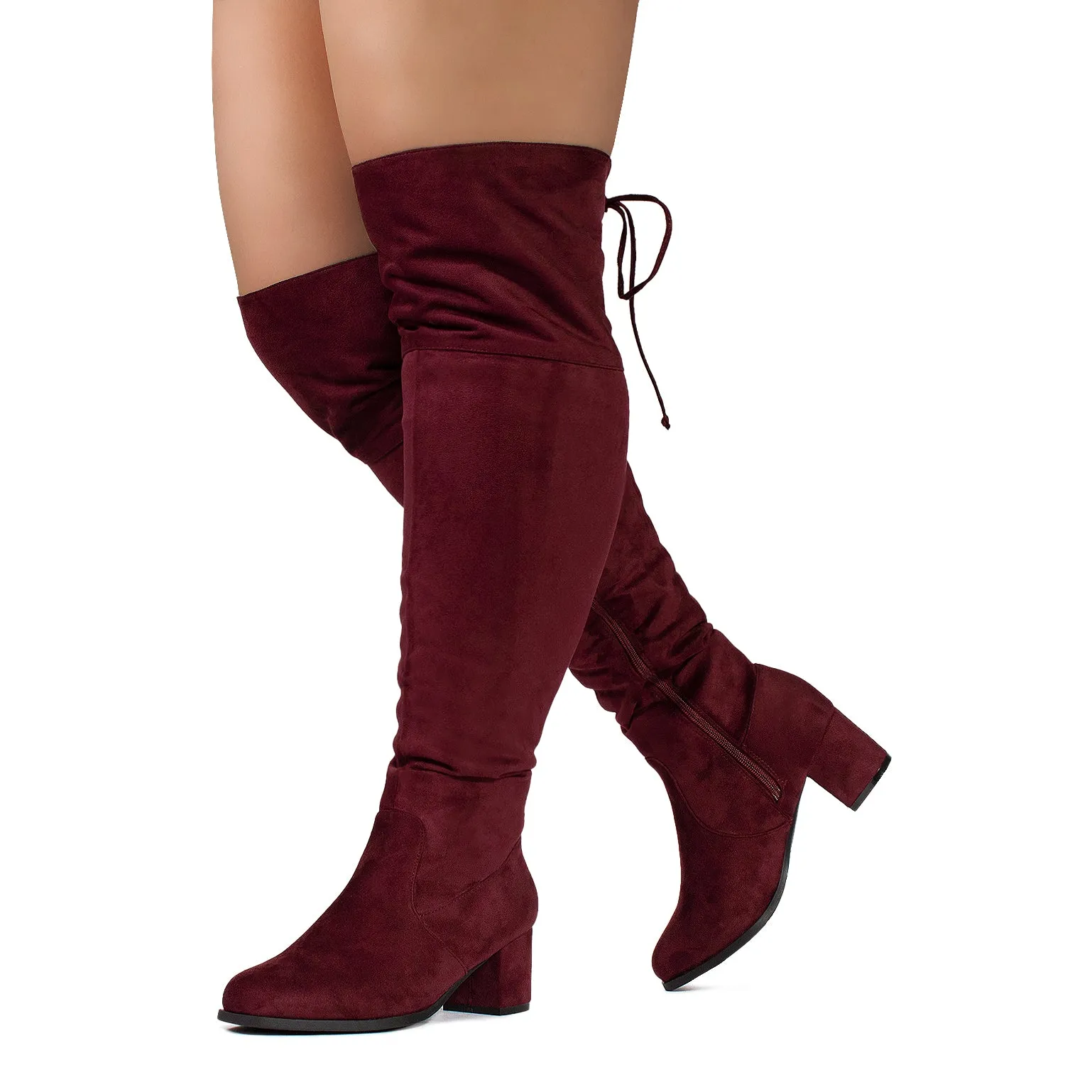 "Wide Calf & Wide Width" Chunky Heel Over The Knee Boots BURGUNDY