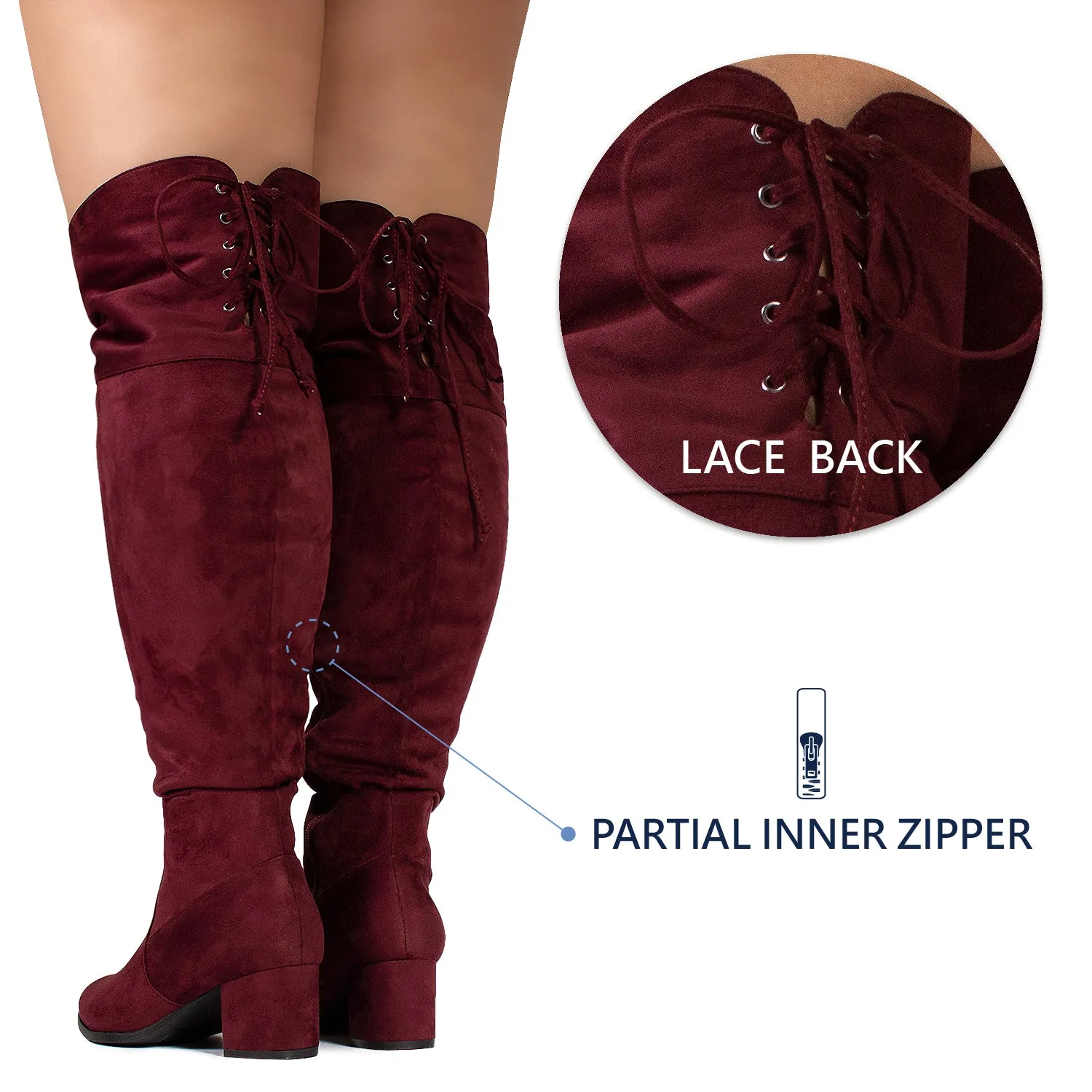 "Wide Calf & Wide Width" Chunky Heel Over The Knee Boots BURGUNDY