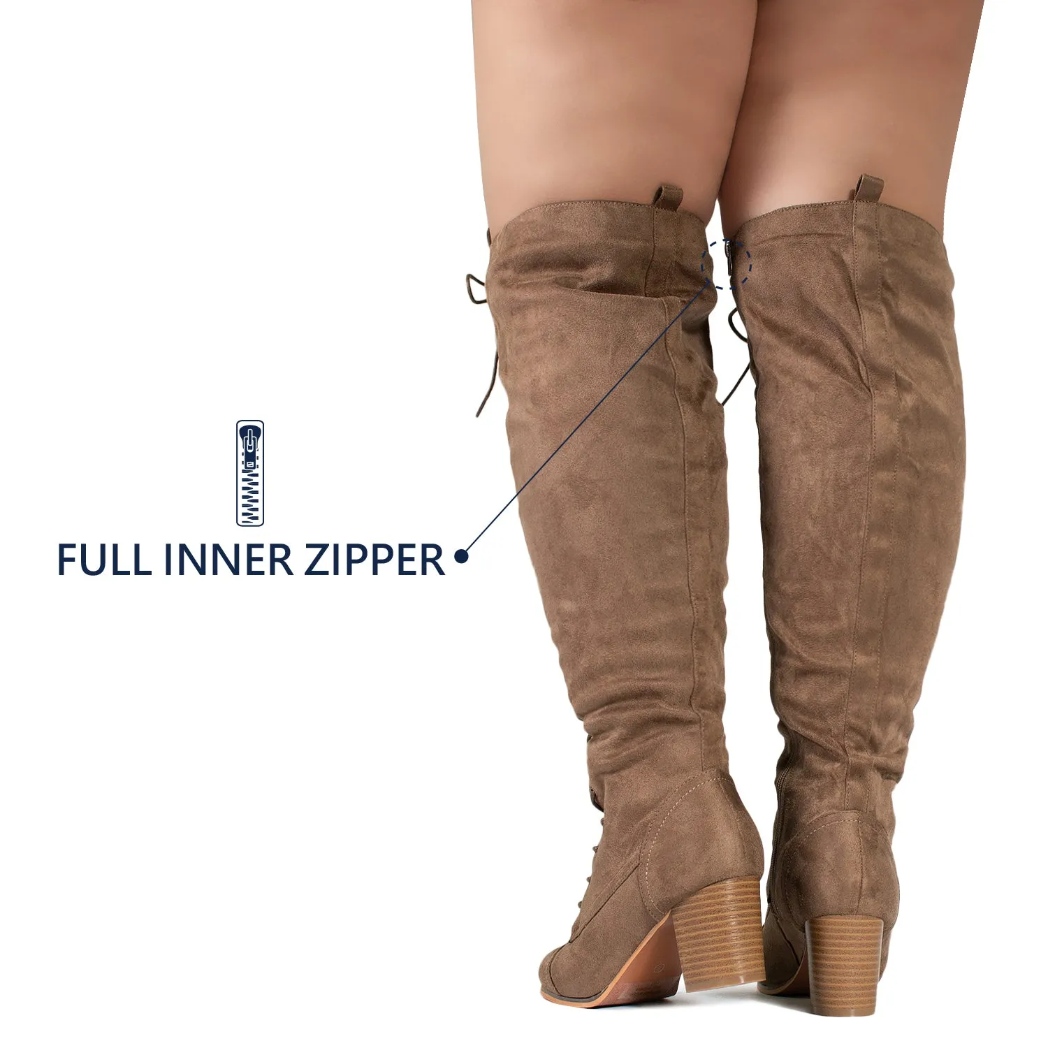 "Wide Calf" Block Heel Lace Up Over The Knee Riding Boots TAUPE