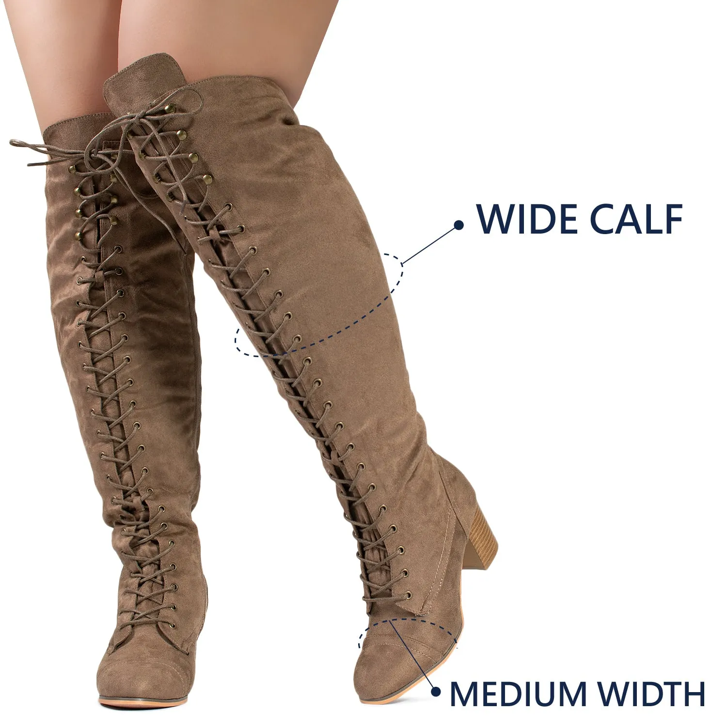 "Wide Calf" Block Heel Lace Up Over The Knee Riding Boots TAUPE