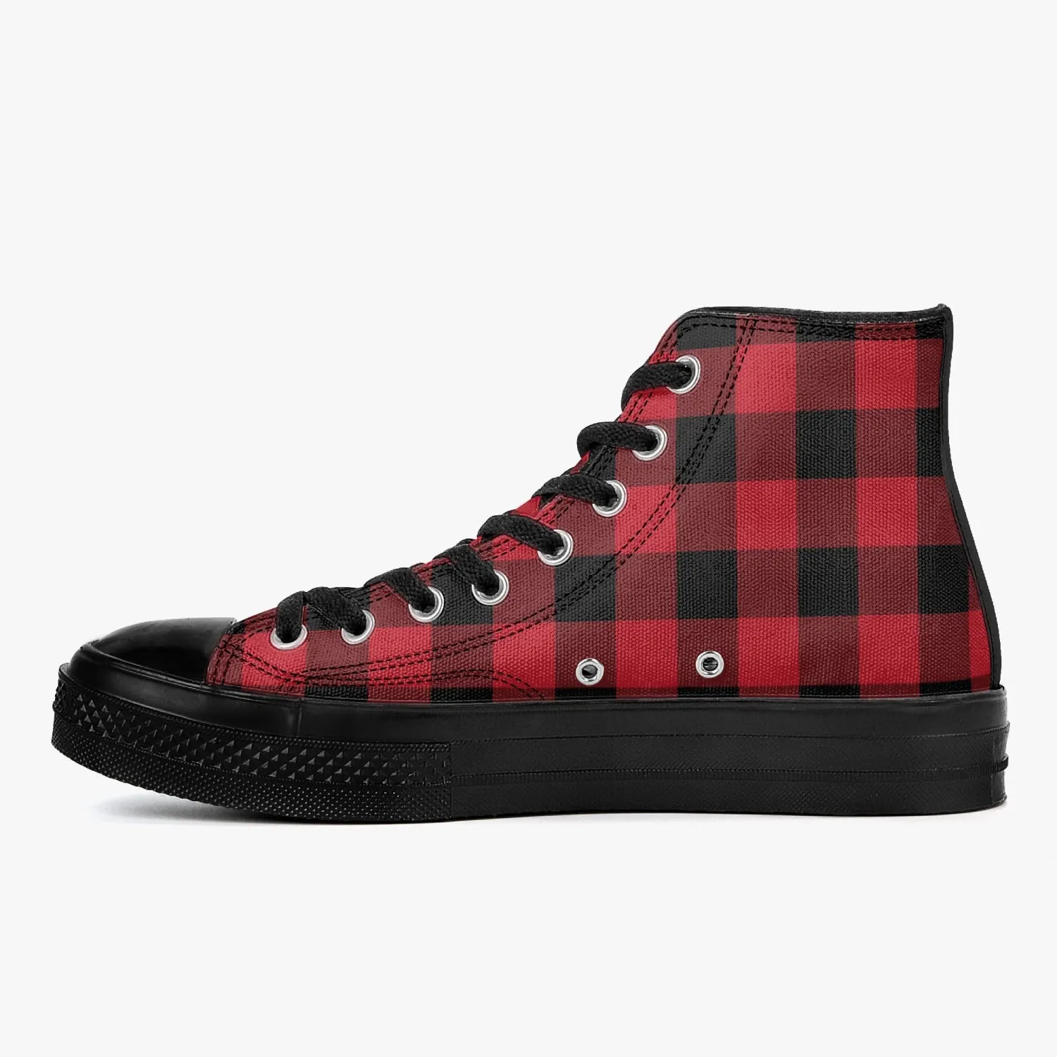 Red Buffalo Plaid High Top Shoes, Black Check Lace Up Sneakers Footwear Rave Canvas Streetwear Designer Men Women Gift