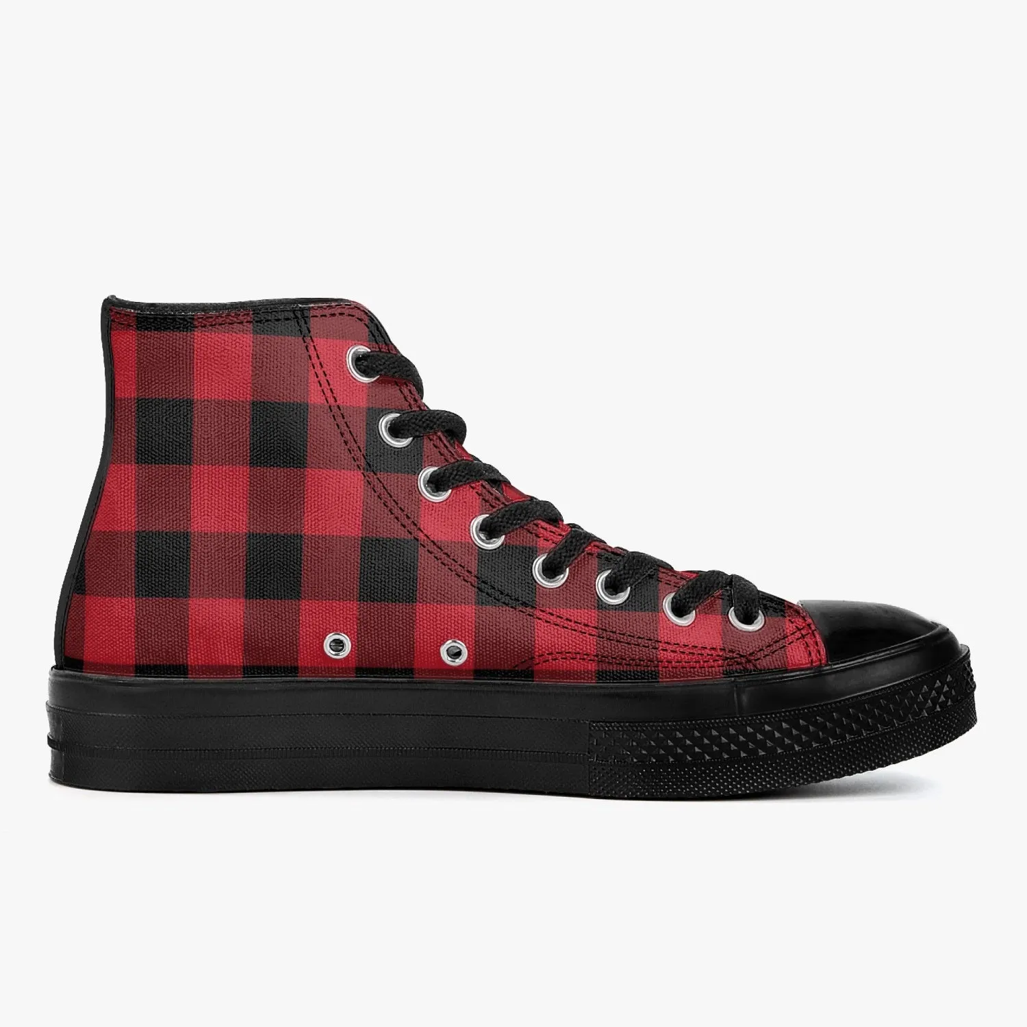 Red Buffalo Plaid High Top Shoes, Black Check Lace Up Sneakers Footwear Rave Canvas Streetwear Designer Men Women Gift