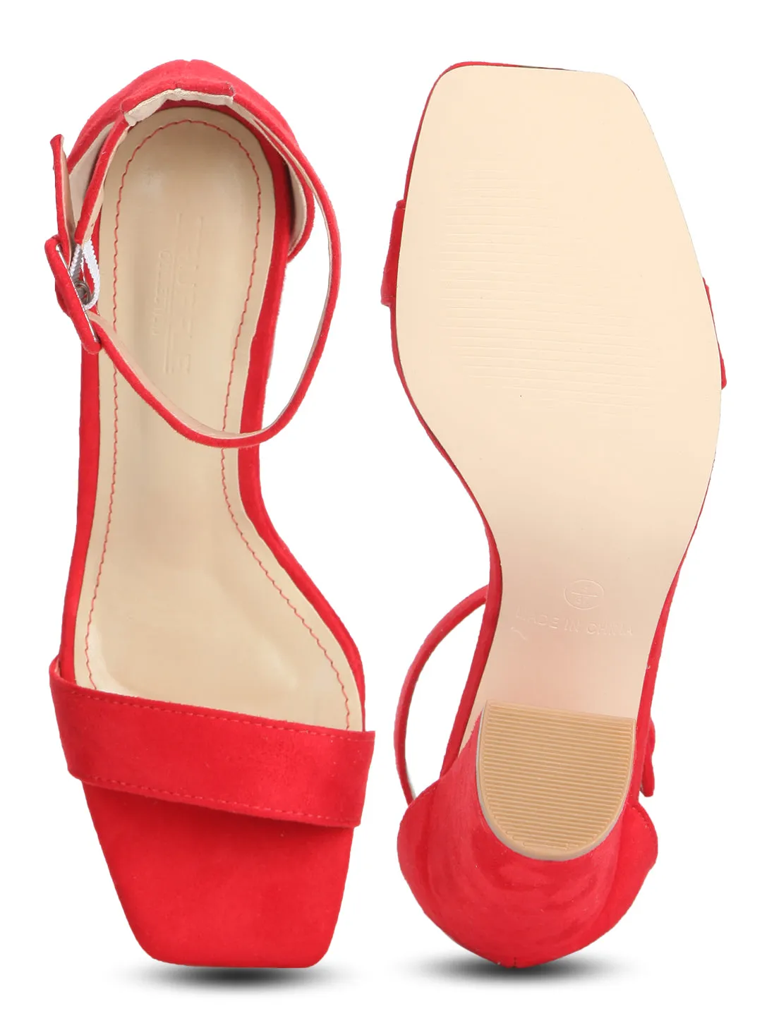 Red Micro Broad Ankle Strap Block Heels