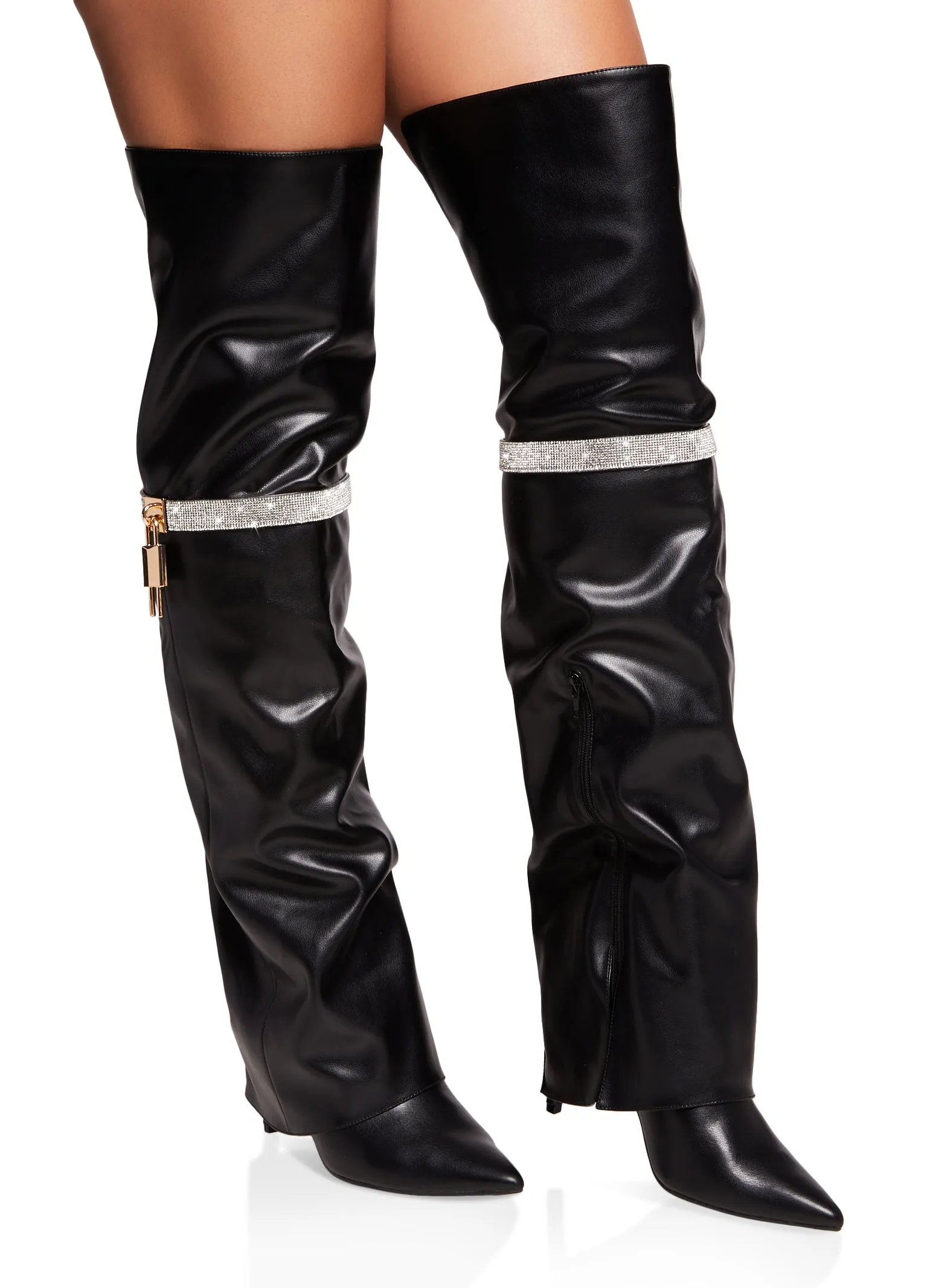 Rhinestone Lock Fold Over the Knee Boots