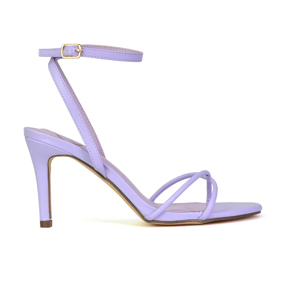 Ridge Strappy Round Toe Mid High Heel Stiletto Sandals in Lilac Faux Suede