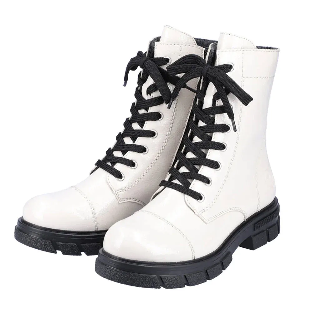 RIEKER CHUNKY SOLE COMBAT BOOTIE WINTER WHITE PATENT - WOMENS