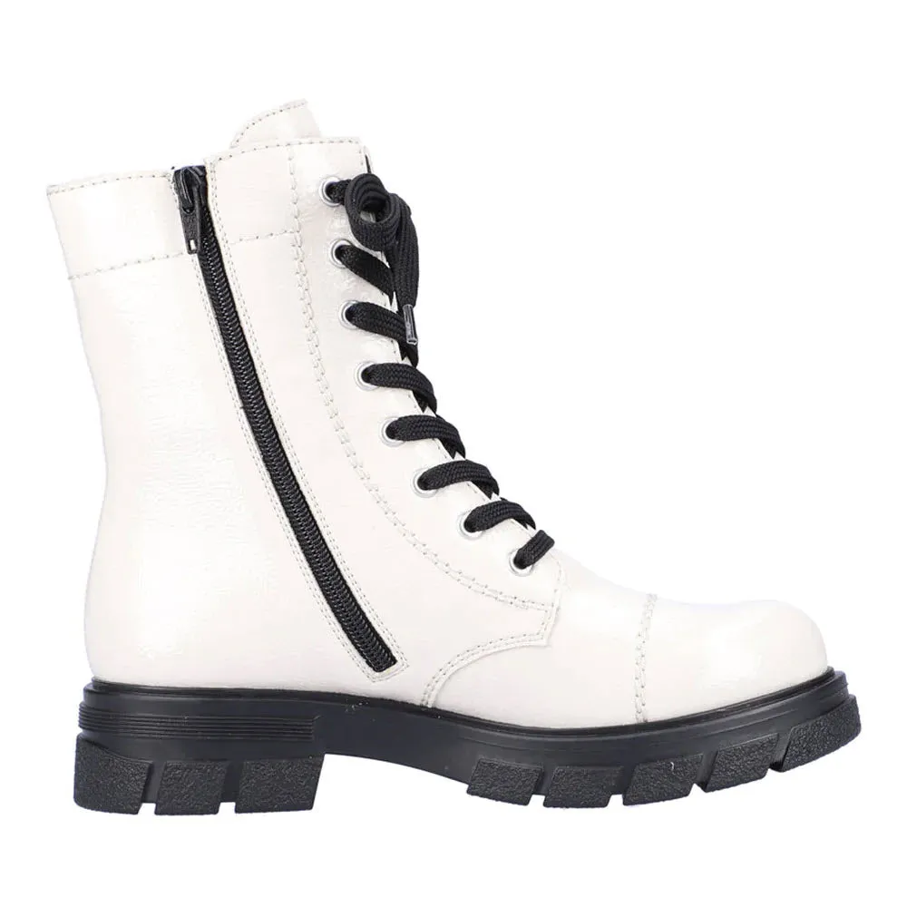 RIEKER CHUNKY SOLE COMBAT BOOTIE WINTER WHITE PATENT - WOMENS