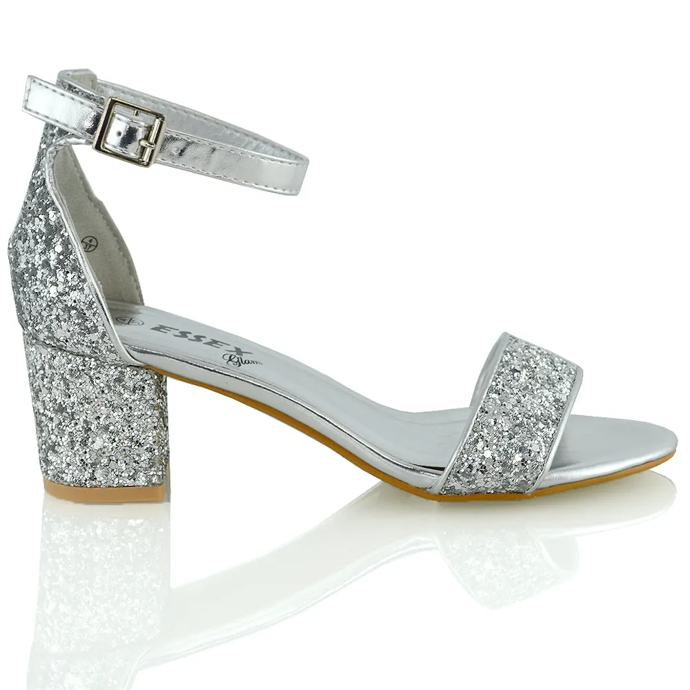 RITA BUCKLE UP ANKLE STRAP LOW MID-BLOCK HIGH HEEL SANDALS IN SILVER GLITTER