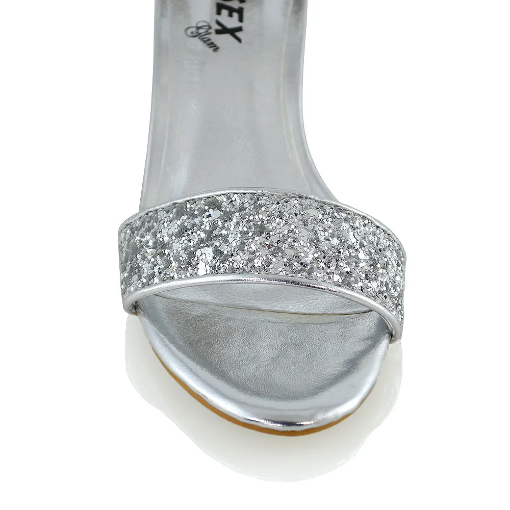 RITA BUCKLE UP ANKLE STRAP LOW MID-BLOCK HIGH HEEL SANDALS IN SILVER GLITTER