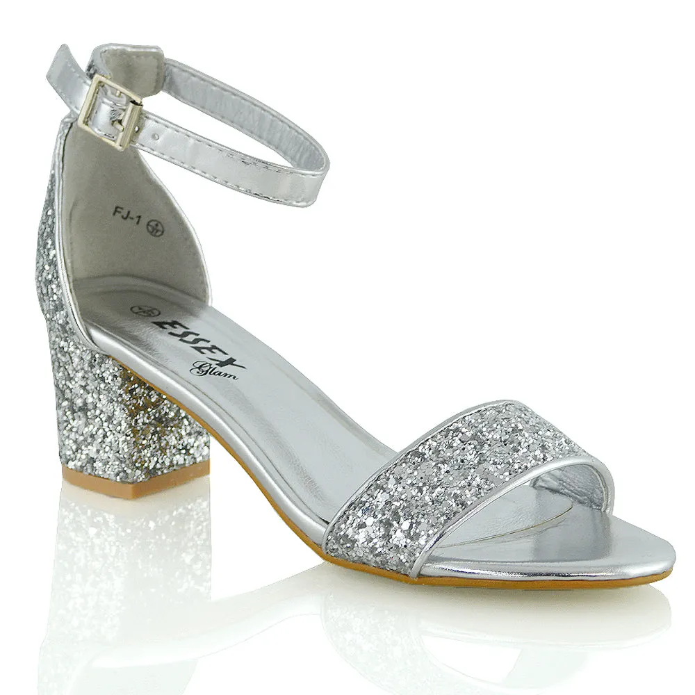 RITA BUCKLE UP ANKLE STRAP LOW MID-BLOCK HIGH HEEL SANDALS IN SILVER GLITTER