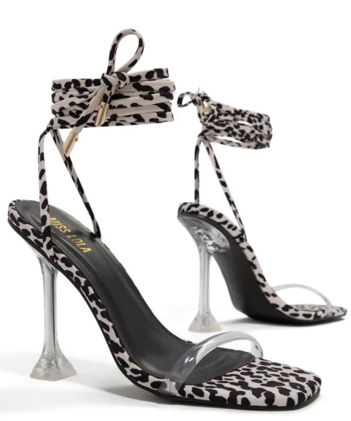 Sexy Leopard Print Lace Up Clear Stiletto Heels Peep Toe Sandals For Women