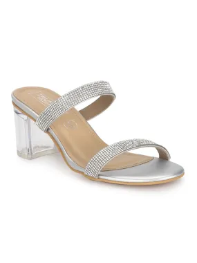 Silver PU Clear Heel Diamante Mules