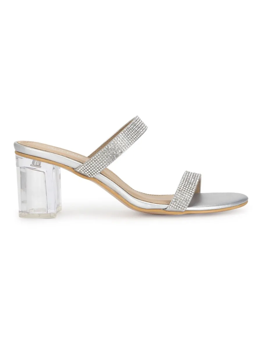 Silver PU Clear Heel Diamante Mules