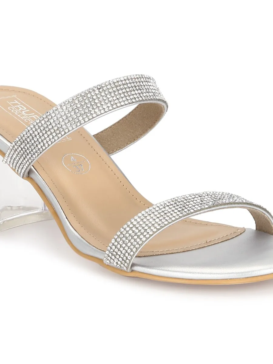 Silver PU Clear Heel Diamante Mules