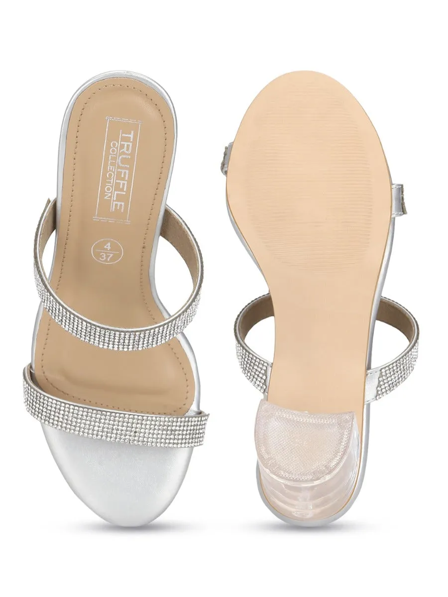 Silver PU Clear Heel Diamante Mules