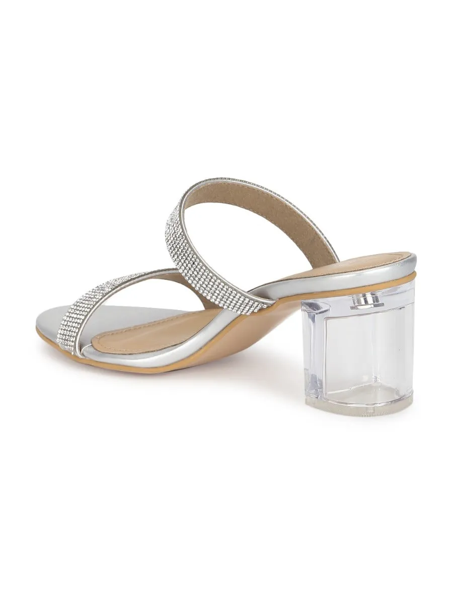 Silver PU Clear Heel Diamante Mules