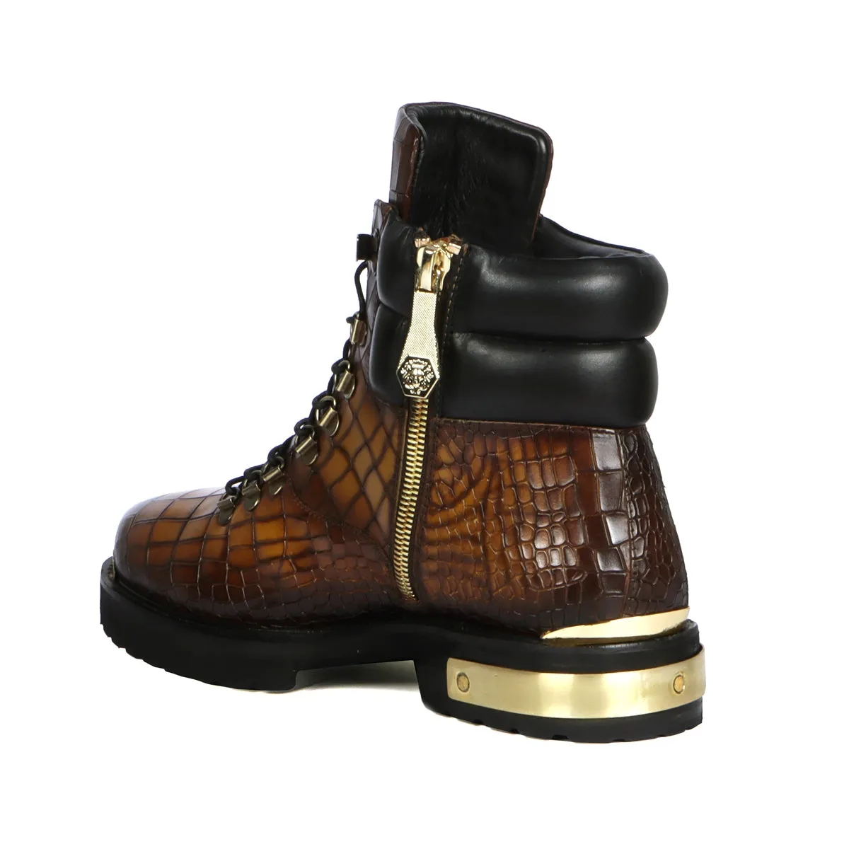 Smokey Yellow Chunky Boots With Golden Metal Plate Deep Cut Leather Lace-up