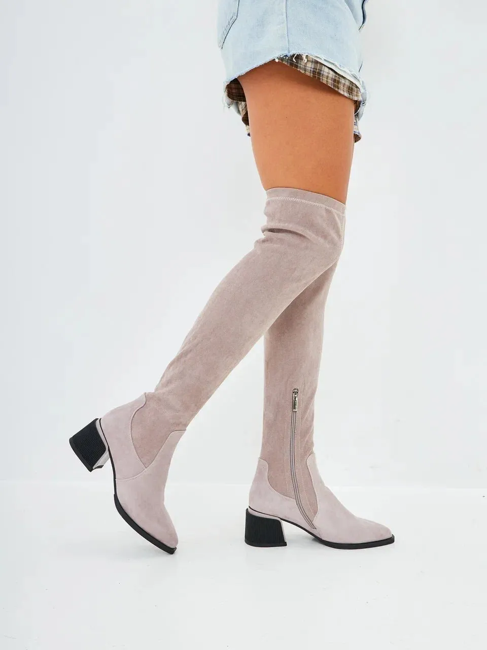 Suede Chic Over-the-Knee Boots - Beige