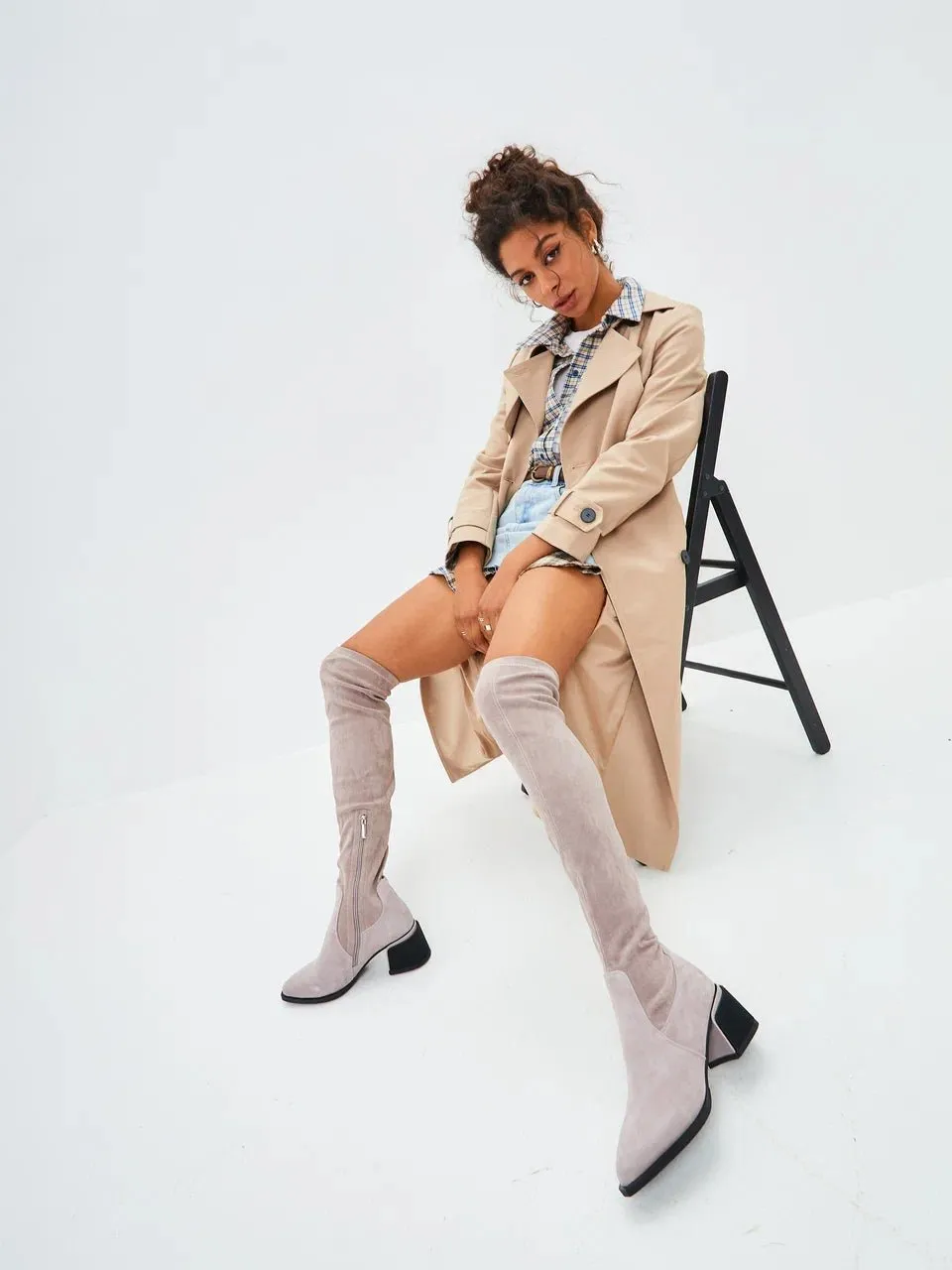 Suede Chic Over-the-Knee Boots - Beige