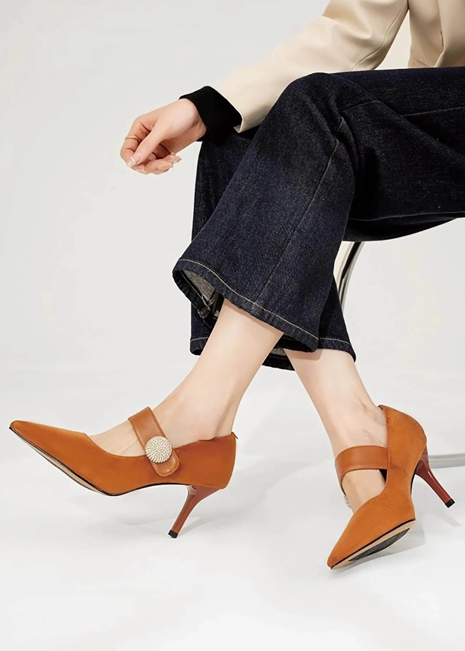 Suede Leather Pointed Toe Mary Jane Pumps