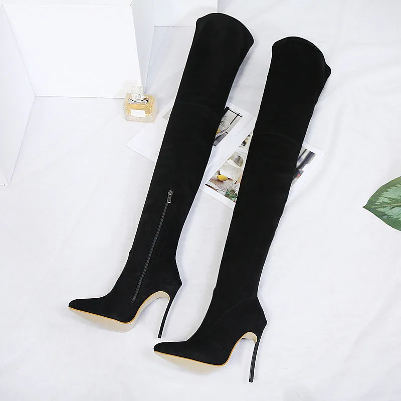 Suede Over The Knee Zipper High Heel Boot Minimalist Over Knee Heeled Boots