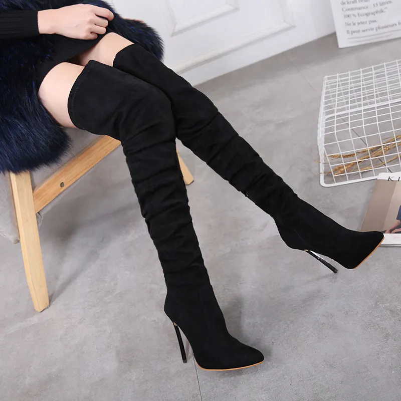 Suede Over The Knee Zipper High Heel Boot Minimalist Over Knee Heeled Boots