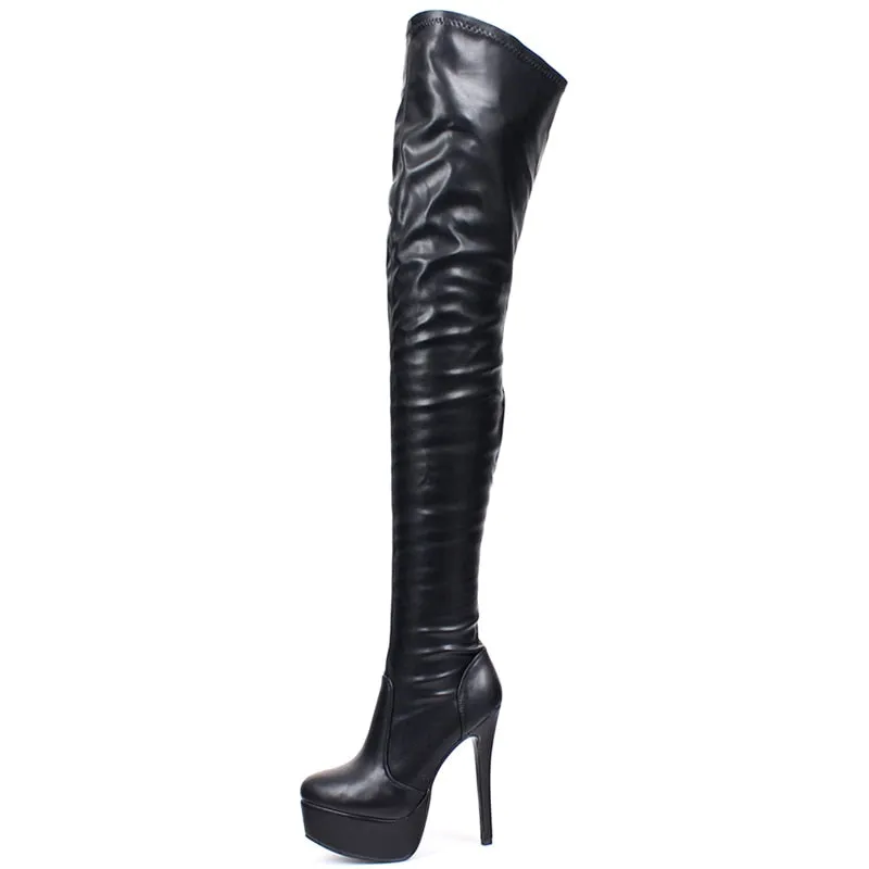 Thigh-High Pointed Toe Platform Boots with Zipper