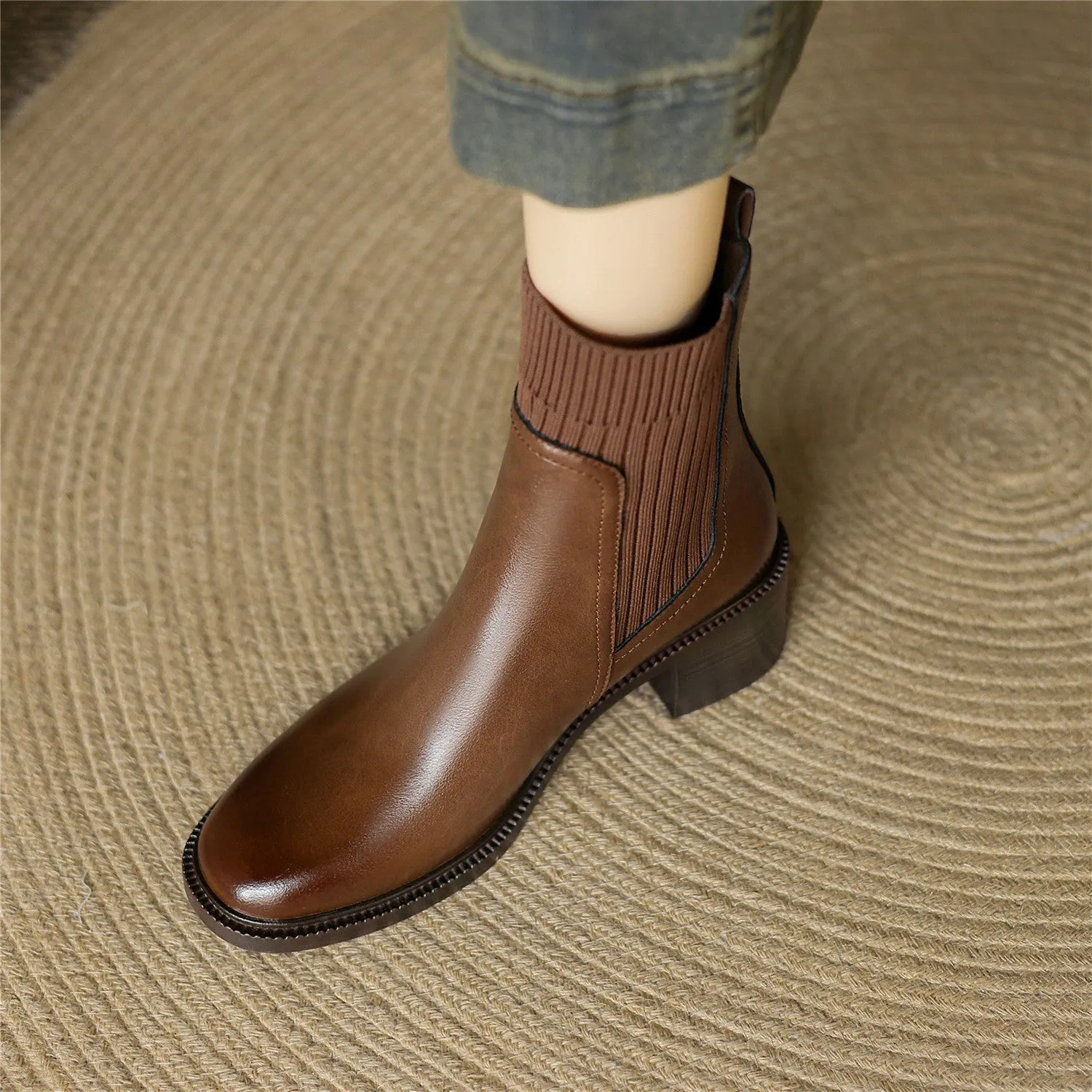 TinaCus Women's Handmade Genuine Leather Block Heel Round Toe Boots