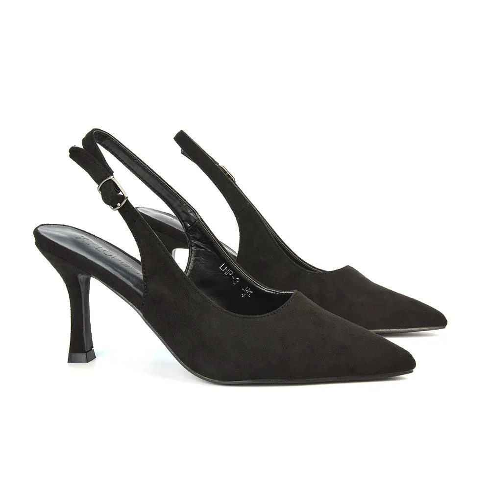 Valerie Stiletto High Heel Closed Toe Slingback Court Shoes in Black Faux Suede