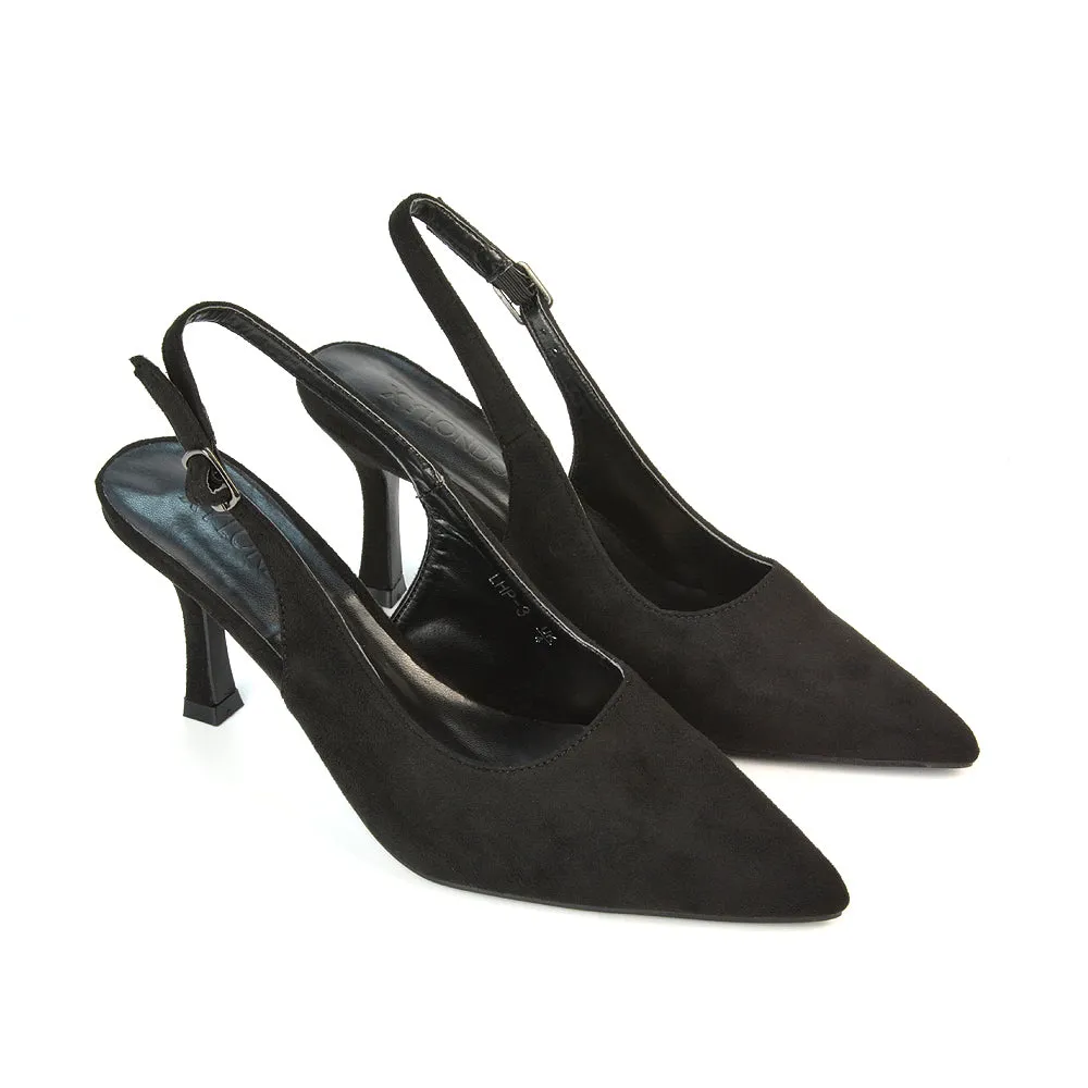 Valerie Stiletto High Heel Closed Toe Slingback Court Shoes in Black Faux Suede