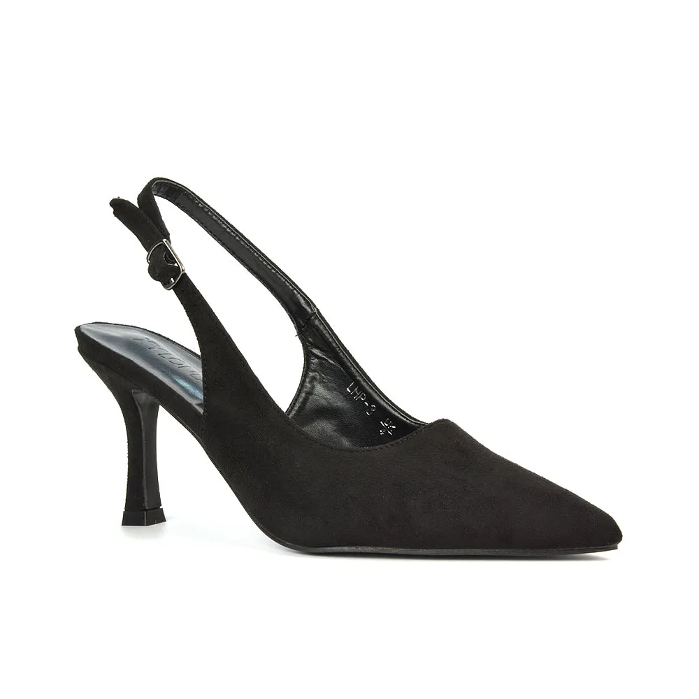 Valerie Stiletto High Heel Closed Toe Slingback Court Shoes in Black Faux Suede