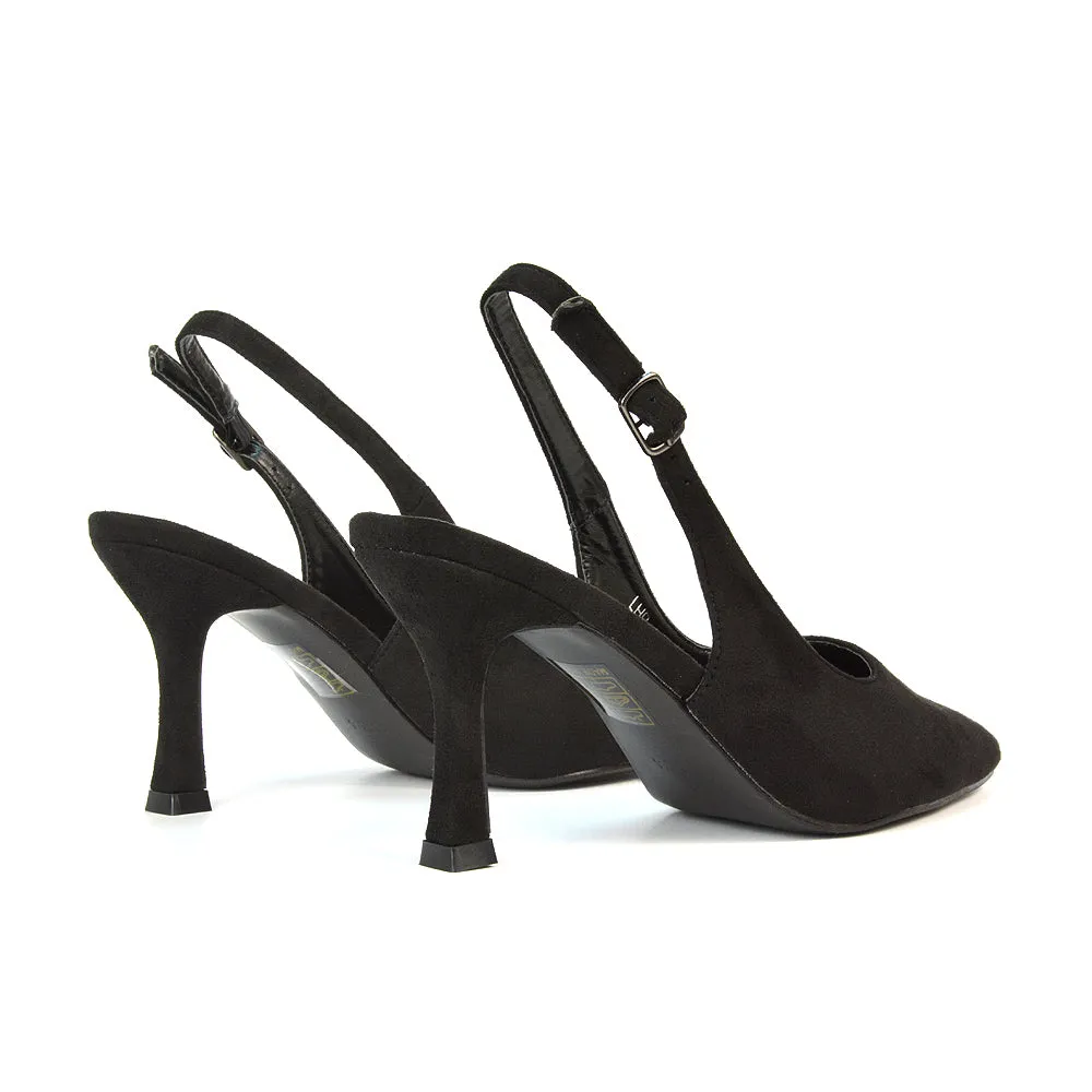 Valerie Stiletto High Heel Closed Toe Slingback Court Shoes in Black Faux Suede