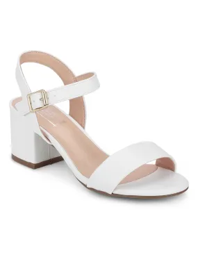 White PU Ankle Strap Low Block Heels