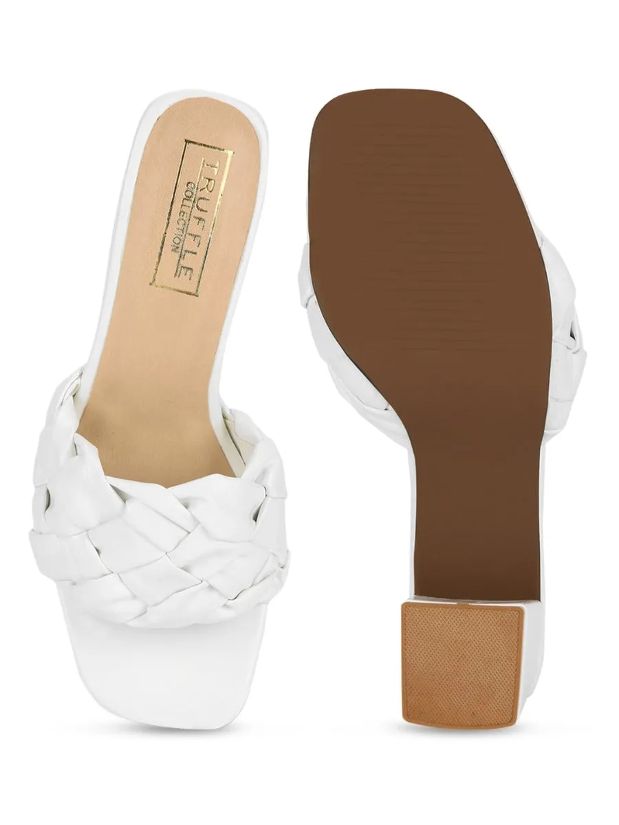 White PU Mules With Block Heels