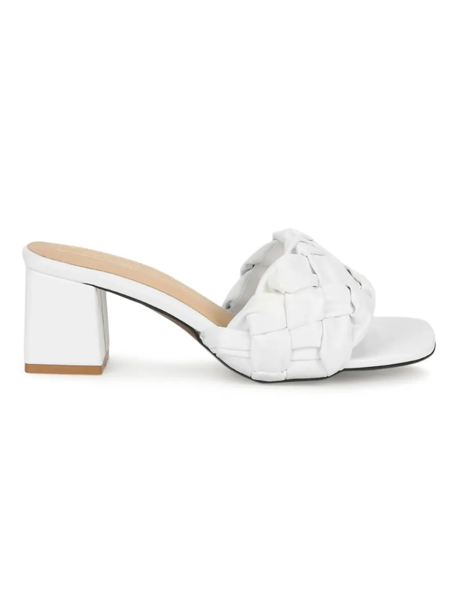 White PU Mules With Block Heels