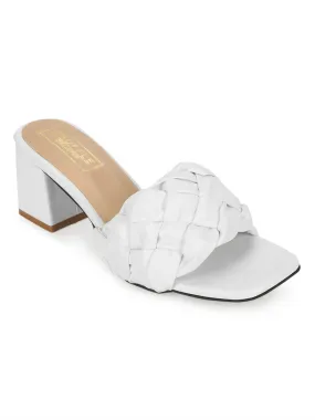 White PU Mules With Block Heels