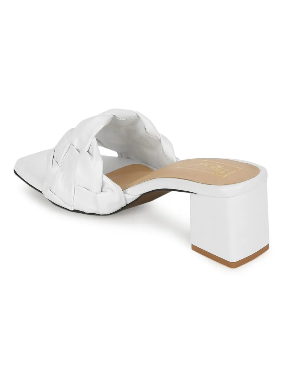 White PU Mules With Block Heels