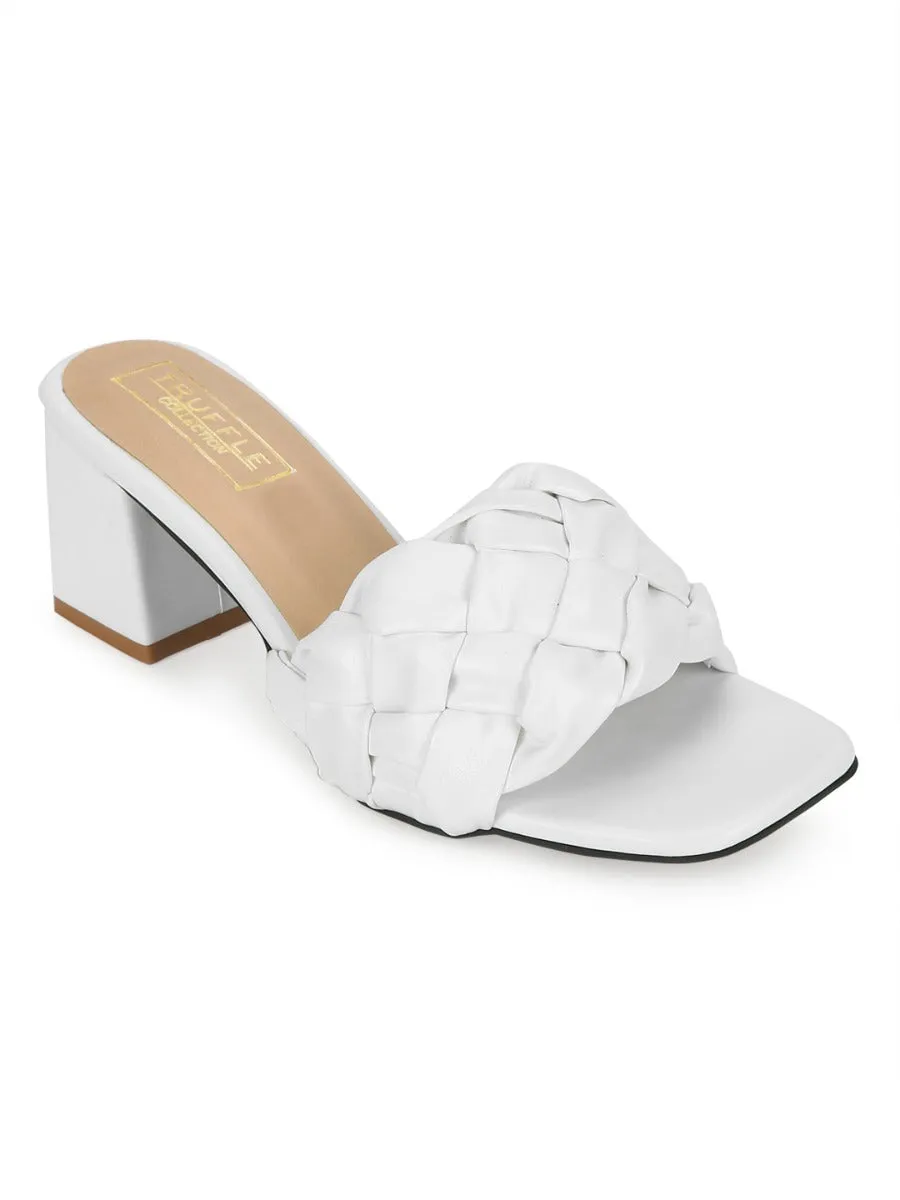 White PU Mules With Block Heels