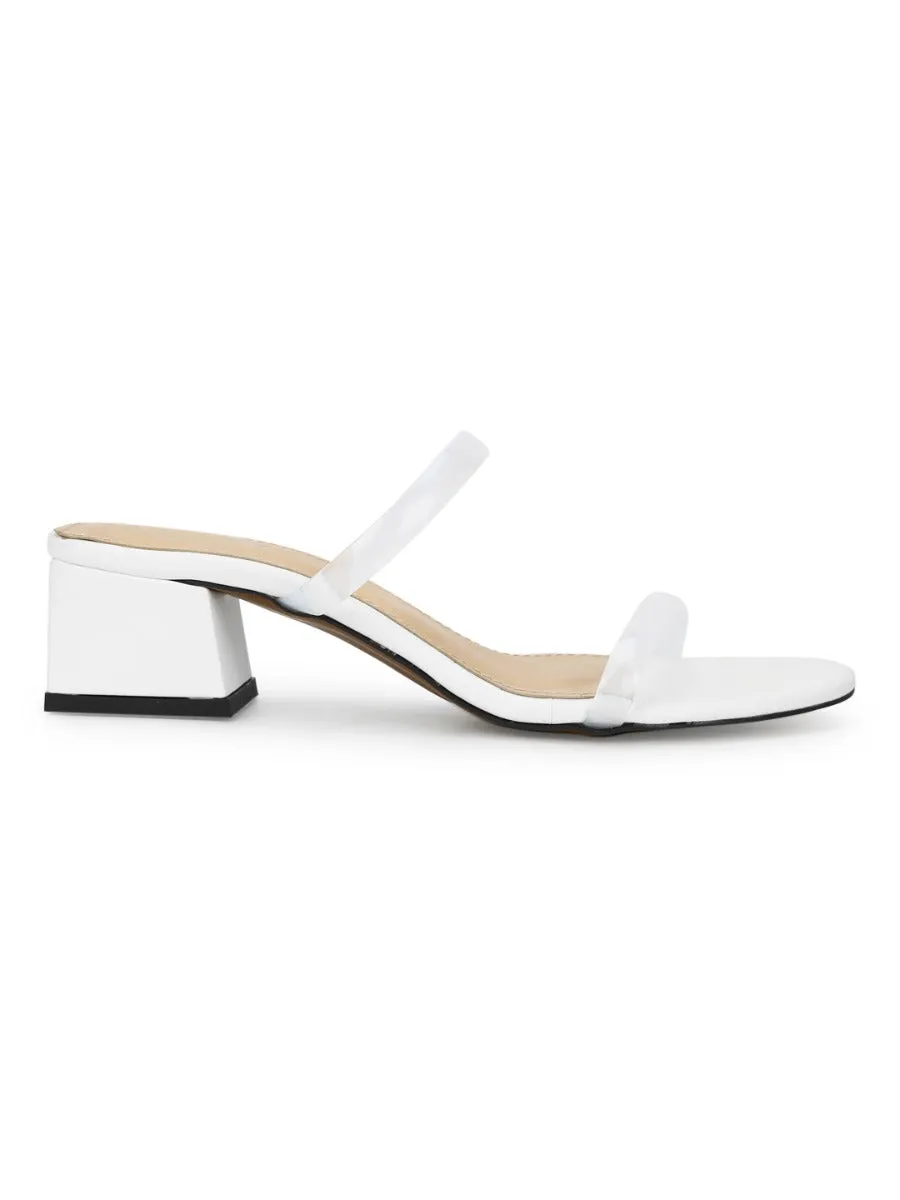 White PU Slip On Low Heel Mules