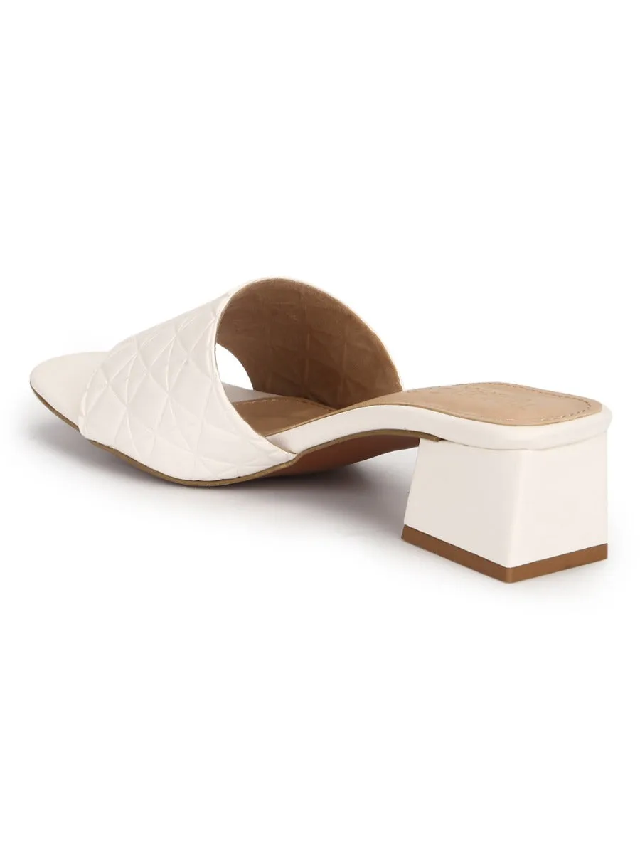 White PU Textured Block Heel Mules