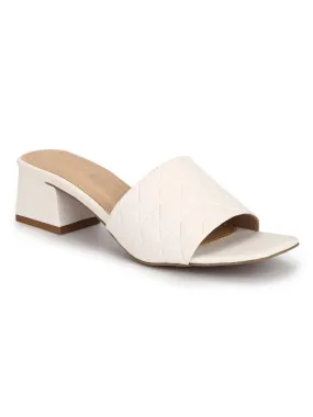 White PU Textured Block Heel Mules