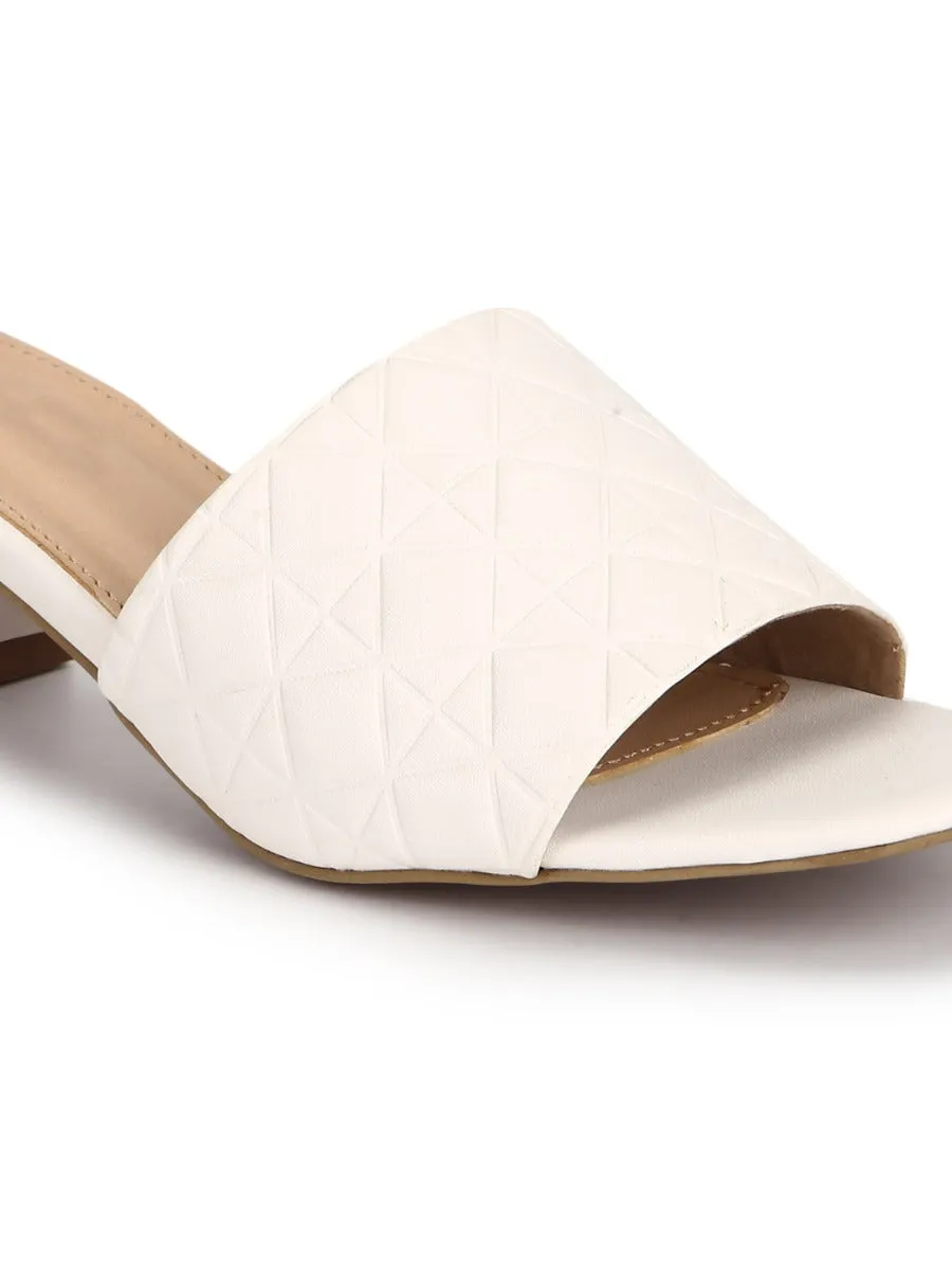 White PU Textured Block Heel Mules